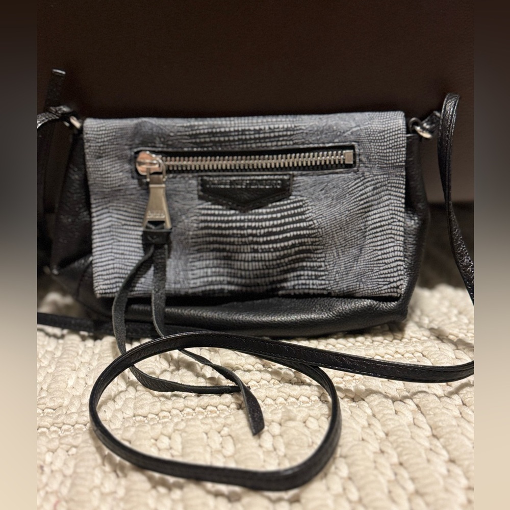 Aimee Kestenberg Black Leather Crossbody Bag - Textured Snake Print Accent - Picture 3 of 13